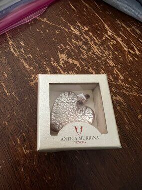 Antica Murrina Venezia Silver Leaf Glass Heart Pendant New in Box Murano Italy